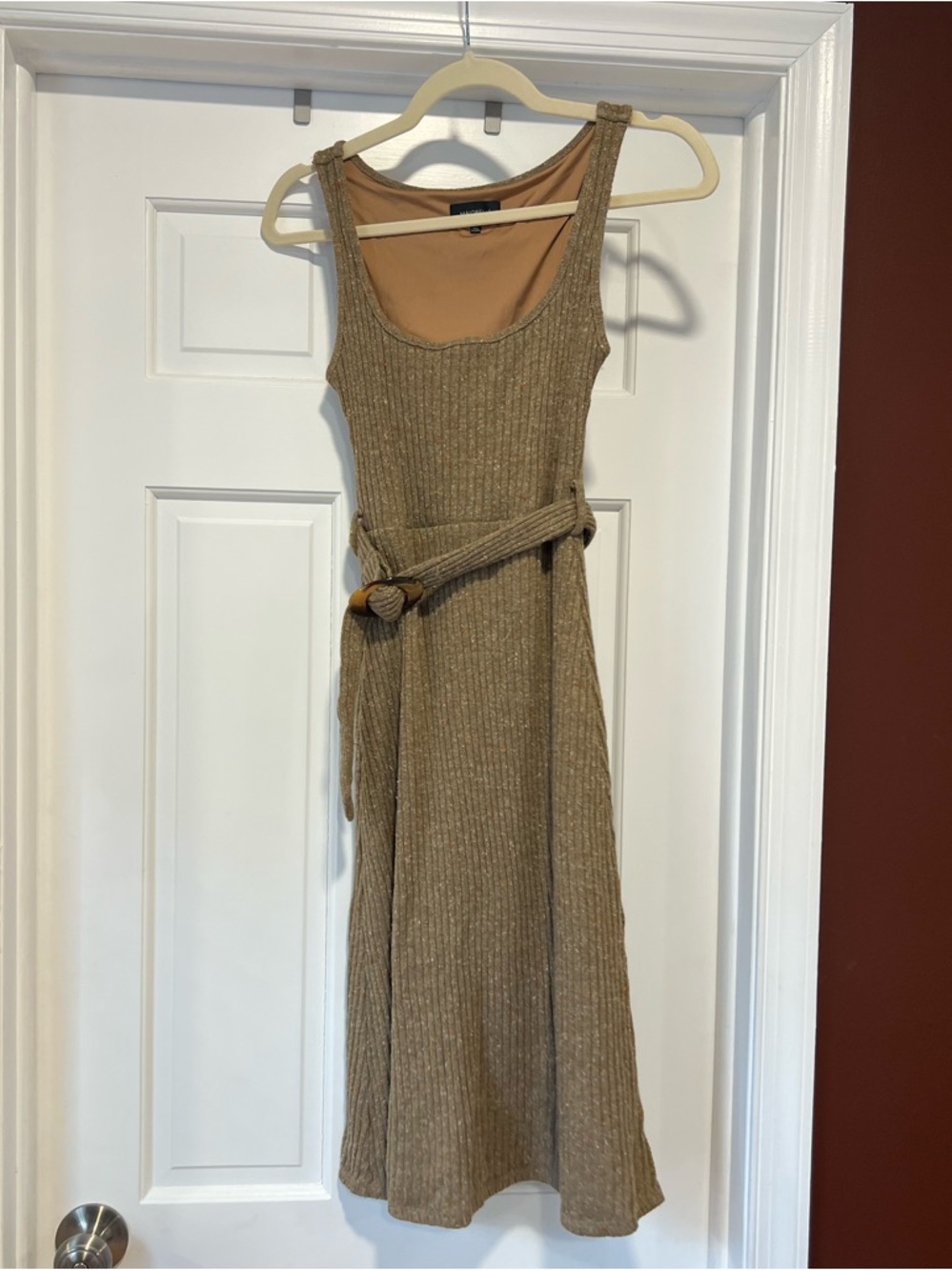 MAJORELLE Ribbed Knit Midi Dress in Tan with Belt